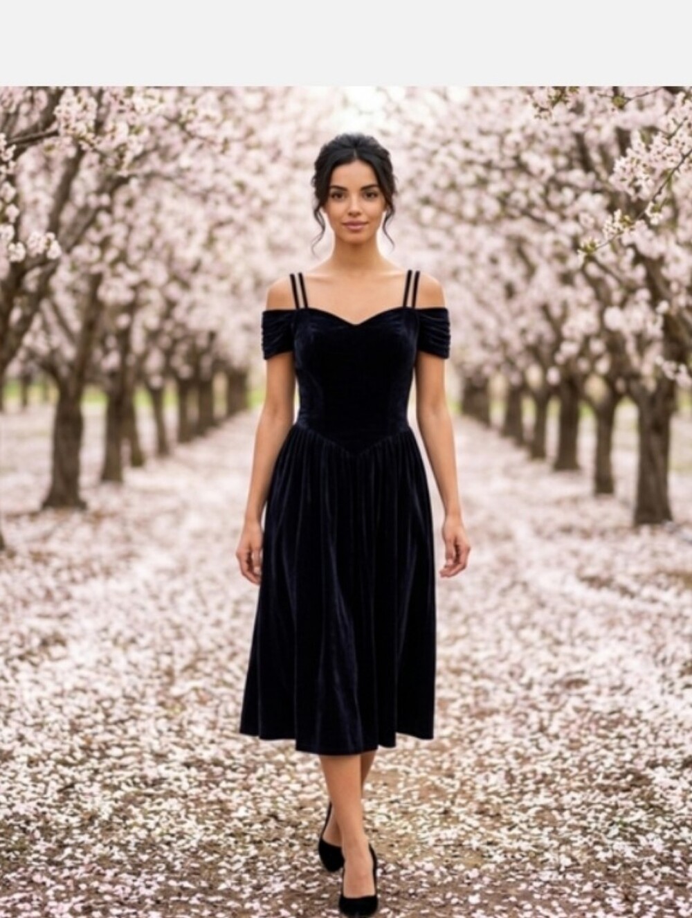 karin stevens Black Velvet Off-Shoulder Midi Dress